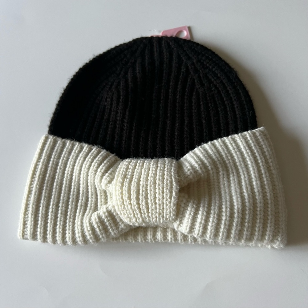 KATE SPADE WOMENS COLOR BLOCK BOW CUFF KNIT BEANIE BLACK WHITE NWOT